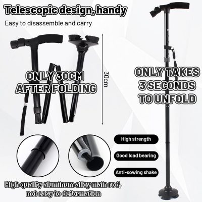 Adjustable Folding Walking Stick with LED Light for Senior Elderly 360° Rotation