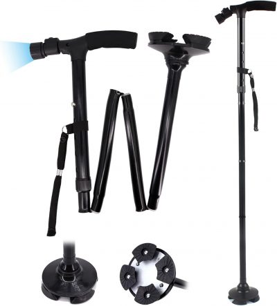 Adjustable Folding Walking Stick with LED Light for Senior Elderly 360° Rotation
