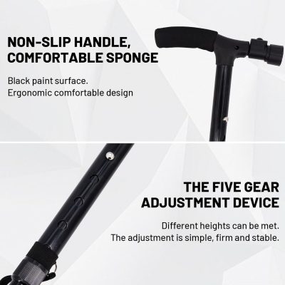 Adjustable Folding Walking Stick with LED Light for Senior Elderly 360° Rotation
