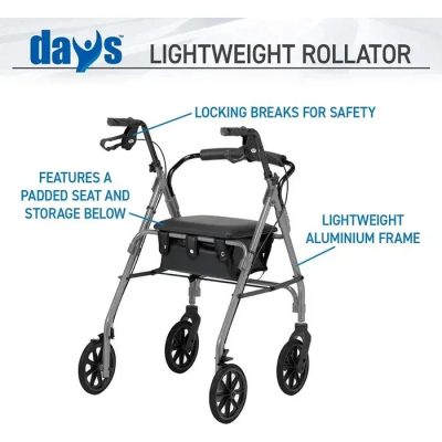 Days lightweight rollator mobility walker 4 wheeled walking aid - Large (Quartz)