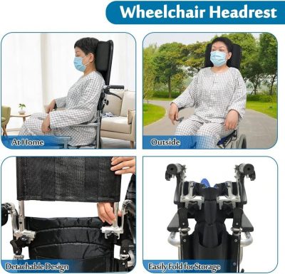 Mybow Wheelchair Headrest Adjustable Neck Support for Comfort & Stability- Black