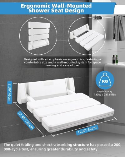 Greensen Folding Shower Seat – Wall Mounted, Space Saving, Sturdy, 130kg Limit