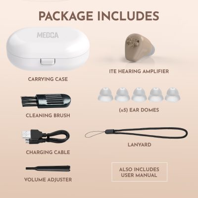 MEDca ITE Rechargeable Hearing Amplifier – Complete Set with Case & Ear Tips