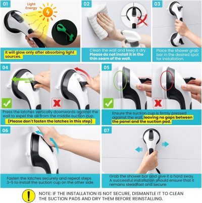 TAILI Glow in Dark Grab Rails 2 Pack – 31cm Suction Bathroom Safety Handles